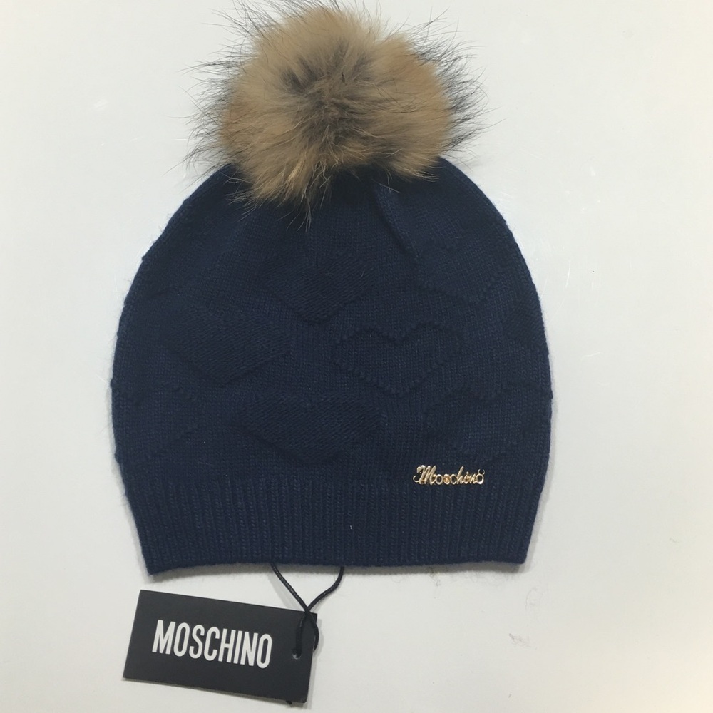 Moschino Navy Blue Knit Hat with Brown Pom Pom